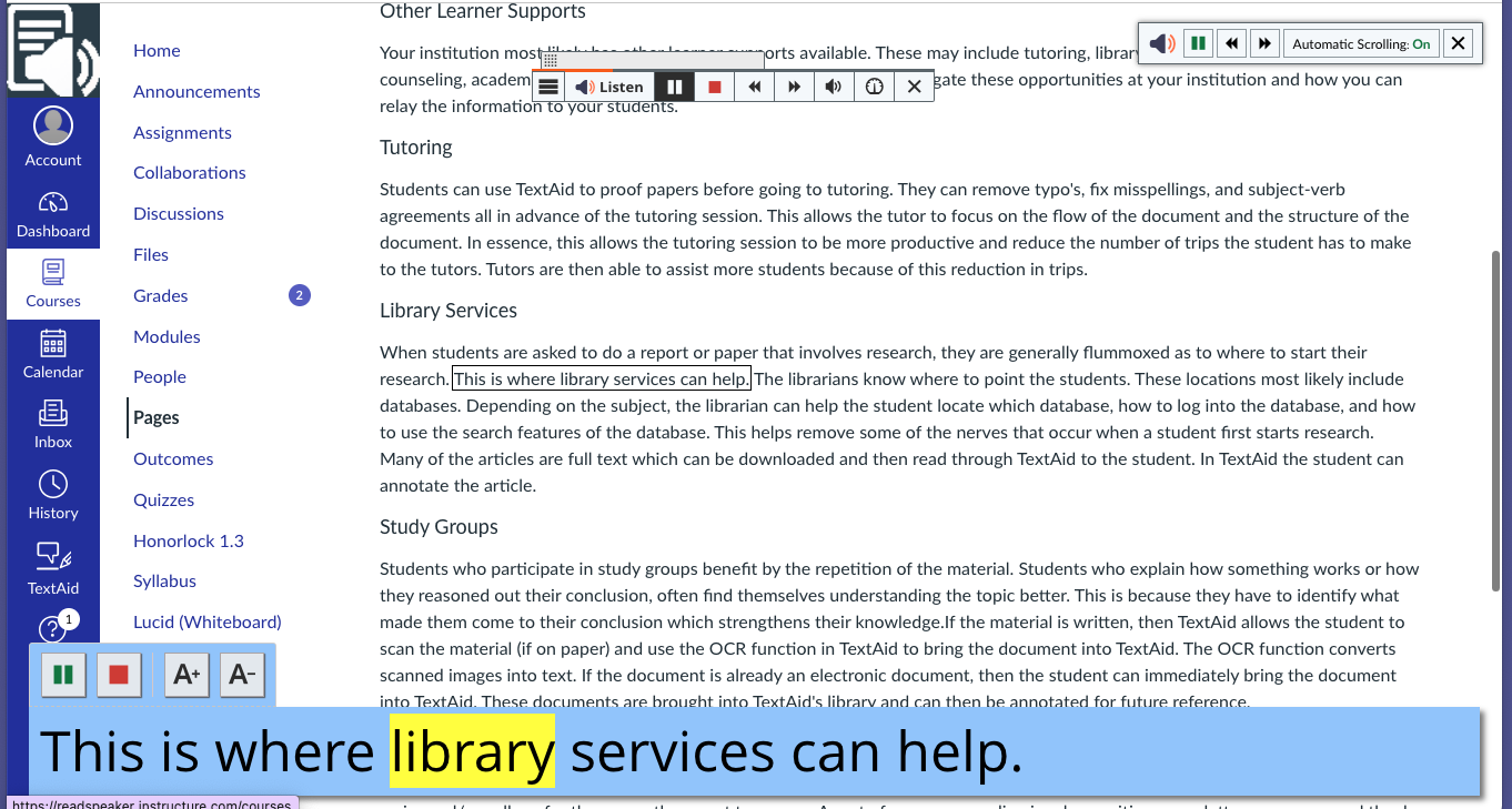 Canvas Learner Support page with highlighted library services text and enlarged text displayed below.